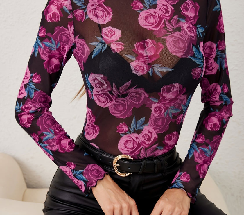 Floral Mock Neck Long Sleeve Top