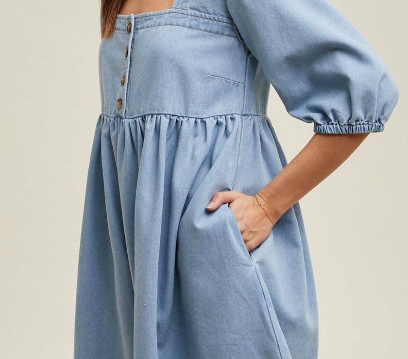 Square Neck Half Sleeve Denim Dress