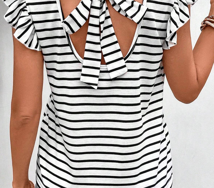 Tied Striped V-Neck Cap Sleeve T-Shirt