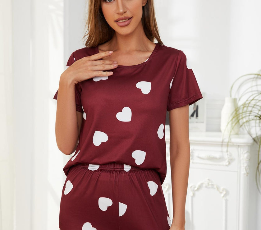 Heart Round Neck Top and Shorts Lounge Set
