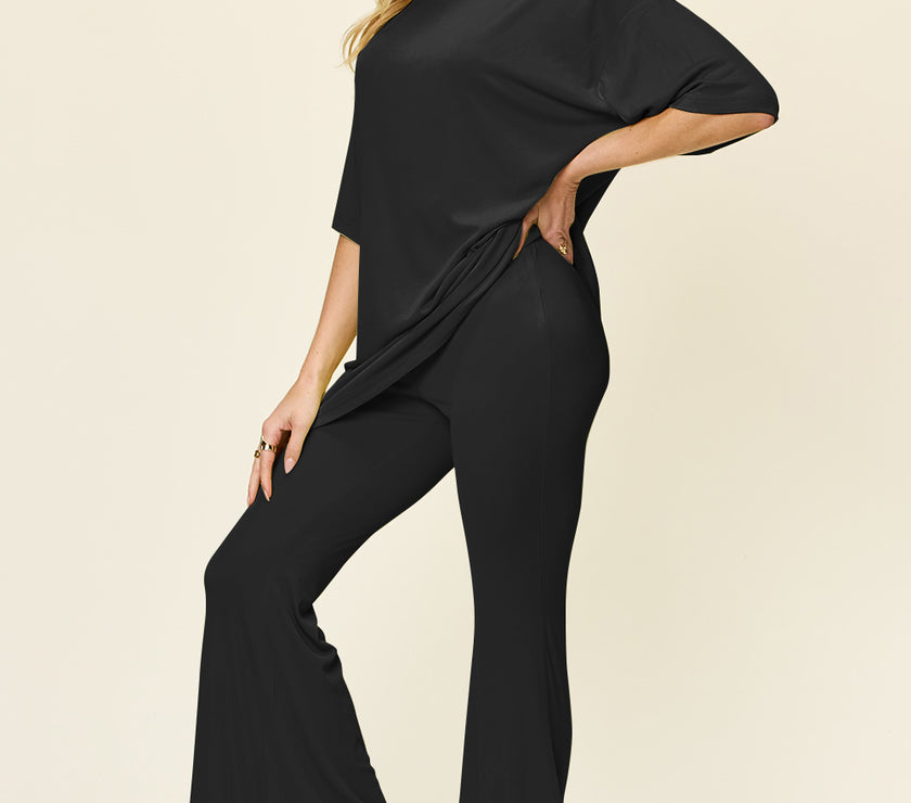 Double Take Full Size Round Neck Drop Shoulder T-Shirt and Flare Pants Set