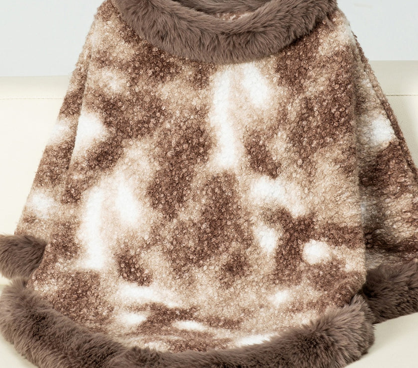 Furry Contrast Three-Quarter Poncho