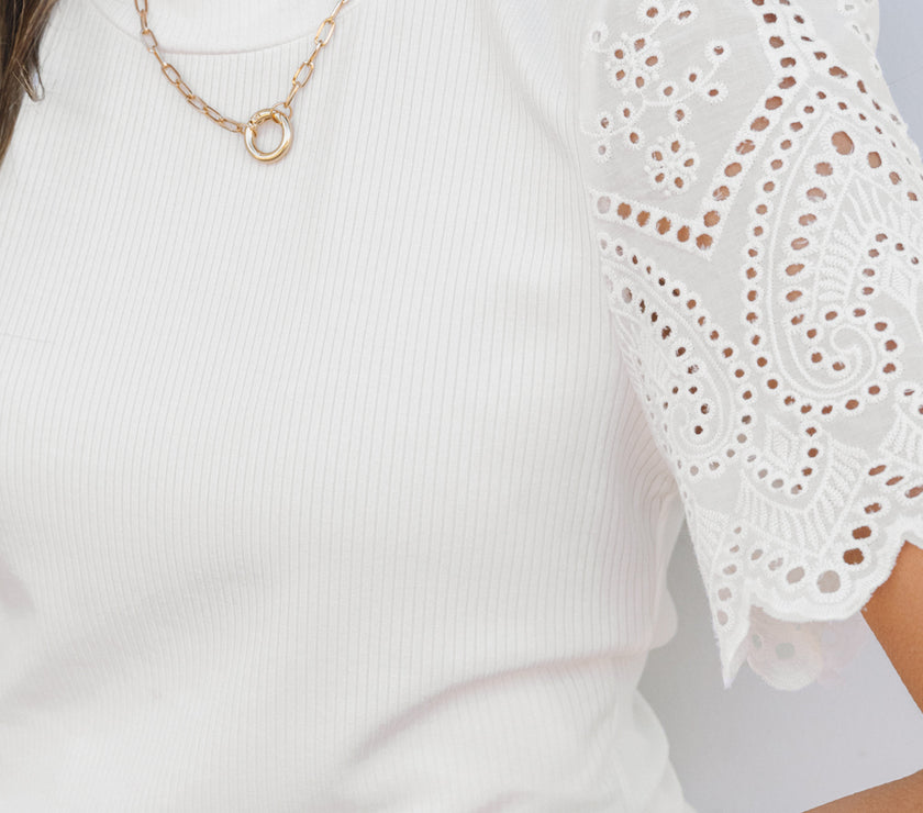 White Eyelet Pattern Short Sleeve Patchwork Ribbed Top