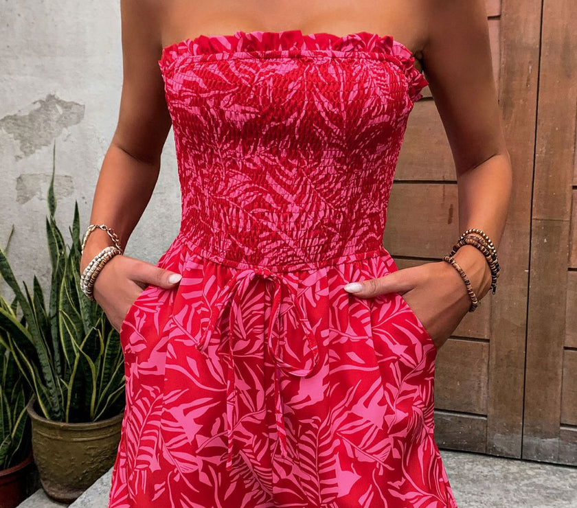 Perfee Smocked Printed Tube Romper with Pockets