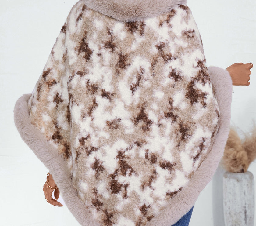Furry Contrast Three-Quarter Poncho