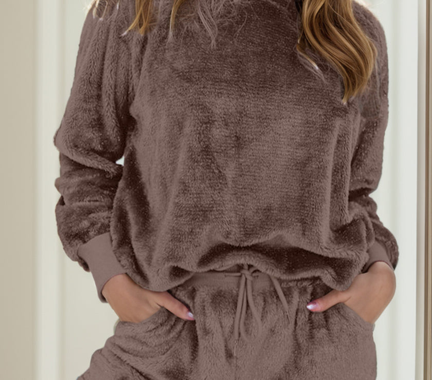 Round Neck Long Sleeve Top and Shorts Lounge Set