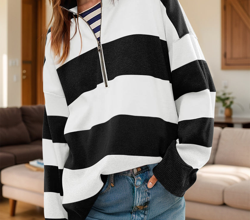 Color Block Half Zip Long Sleeve Sweater