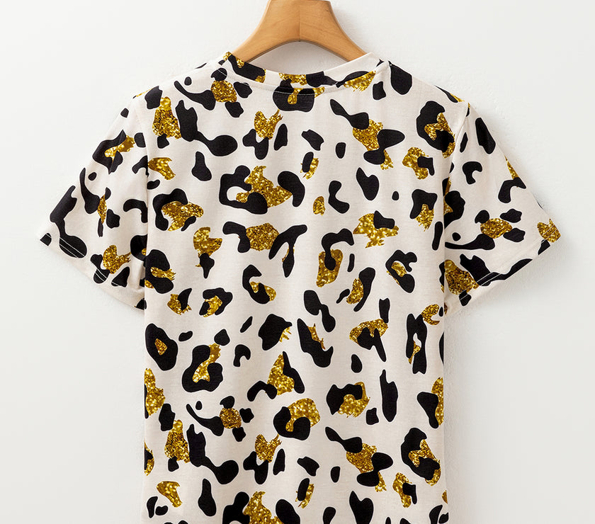 Apricot Leopard Print Round Neck Casual T Shirt