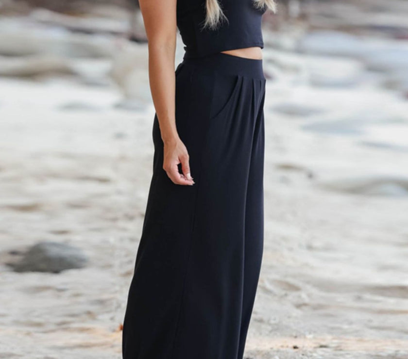 Round Neck Short Sleeve Top and Pocketed Pants Set