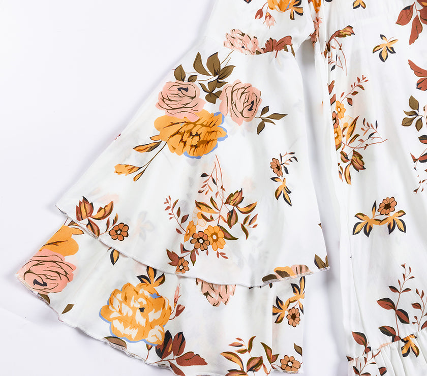 Printed V-Neck Flare Sleeve Mini Dress