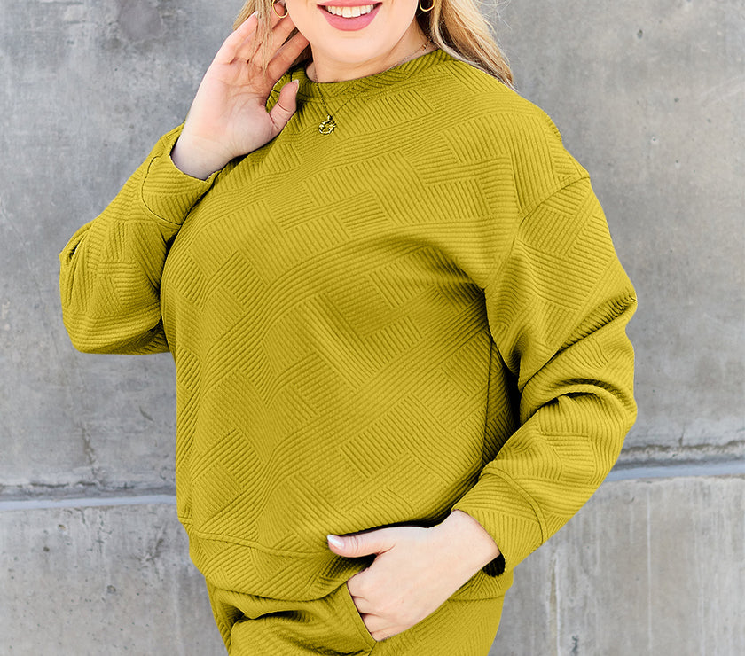 Double Take Full Size Texture Long Sleeve Top and Drawstring Shorts Set