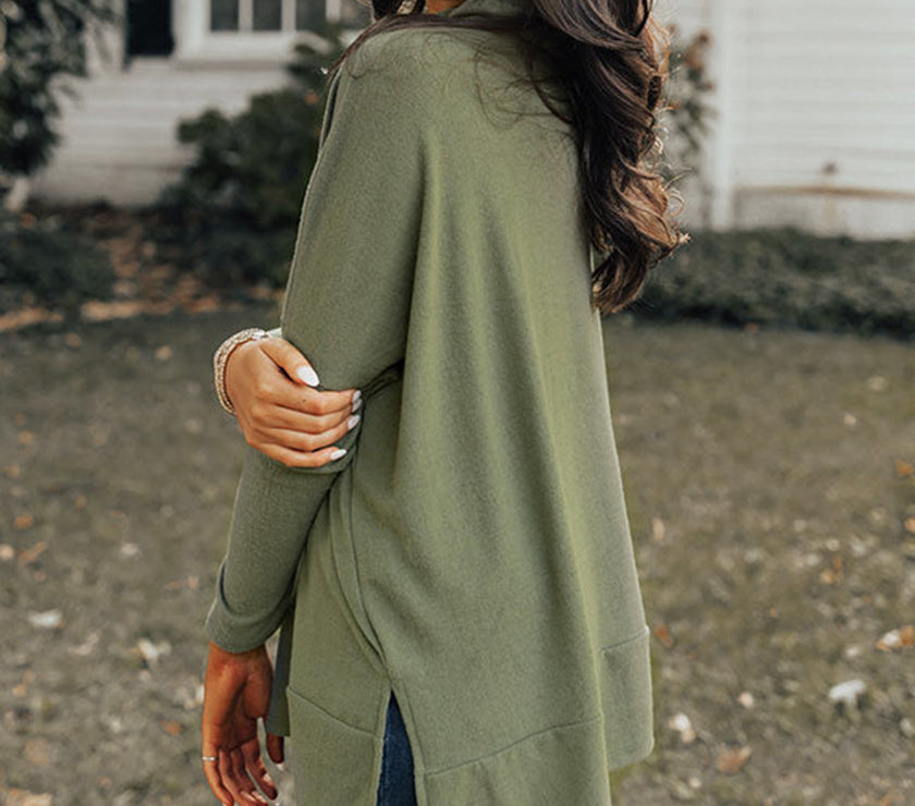 Side Slit High-Low Cowl Neck Long Sleeve Blouse