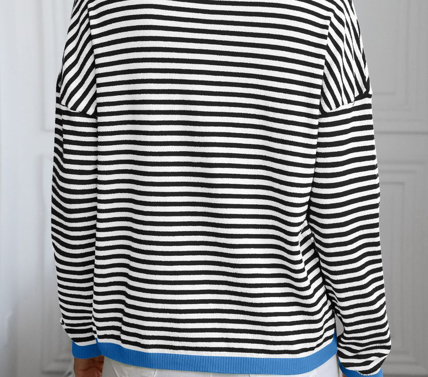 Contrast Trim Striped V-Neck Long Sleeve Knit Top