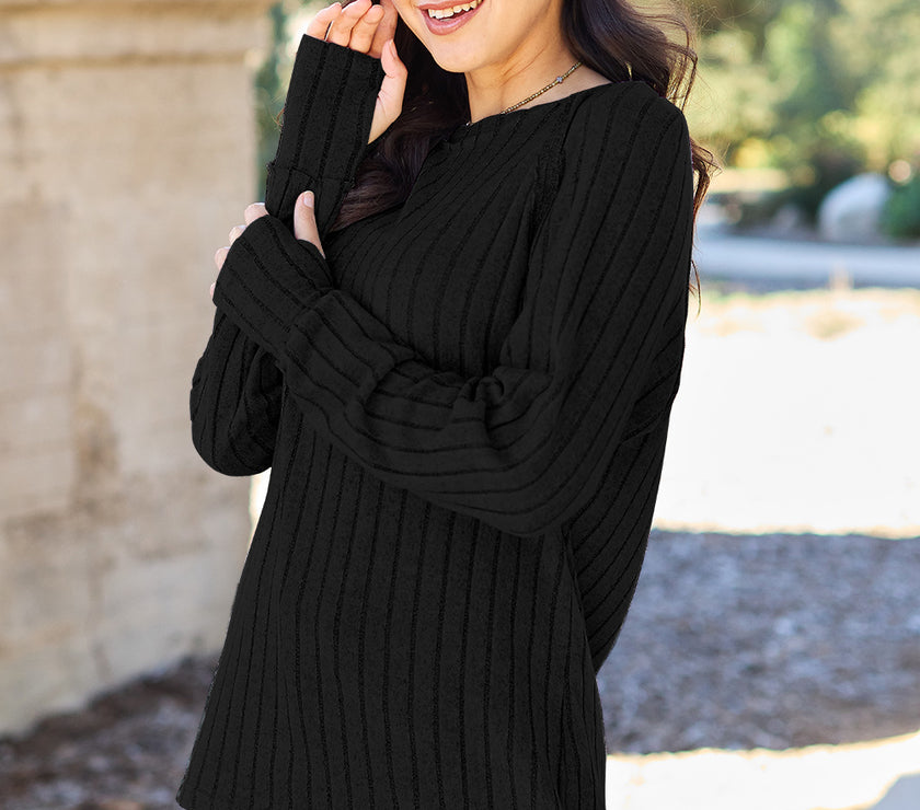 Basic Bae Full Size Ribbed Round Neck Long Sleeve Knit Top