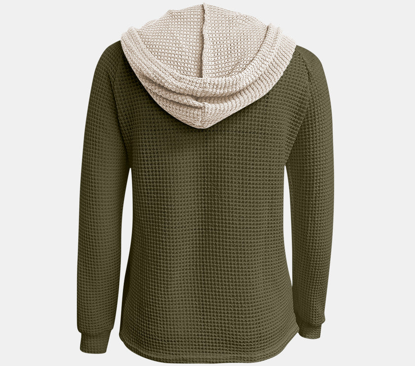 Full Size Waffle-Knit Contrast Long Sleeve Hoodie