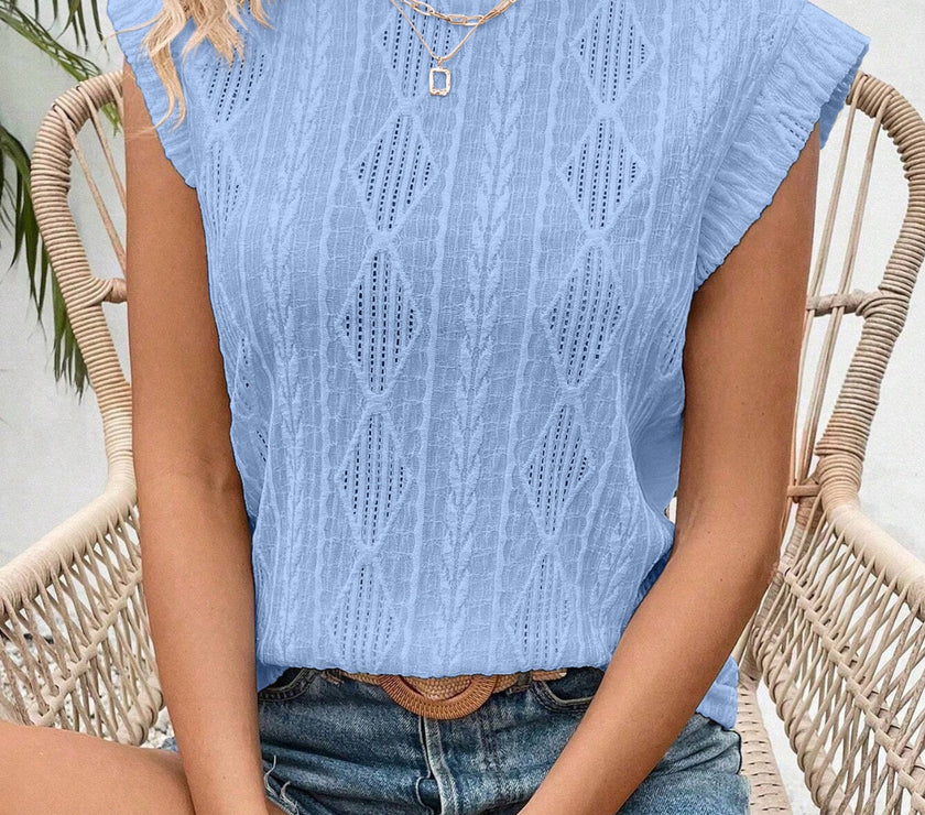 Openwork Round Neck Cap Sleeve Top