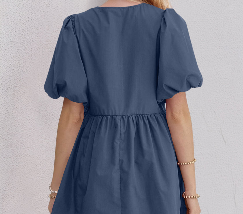 Oh Bow Ruched Puff Sleeve Mini Dress