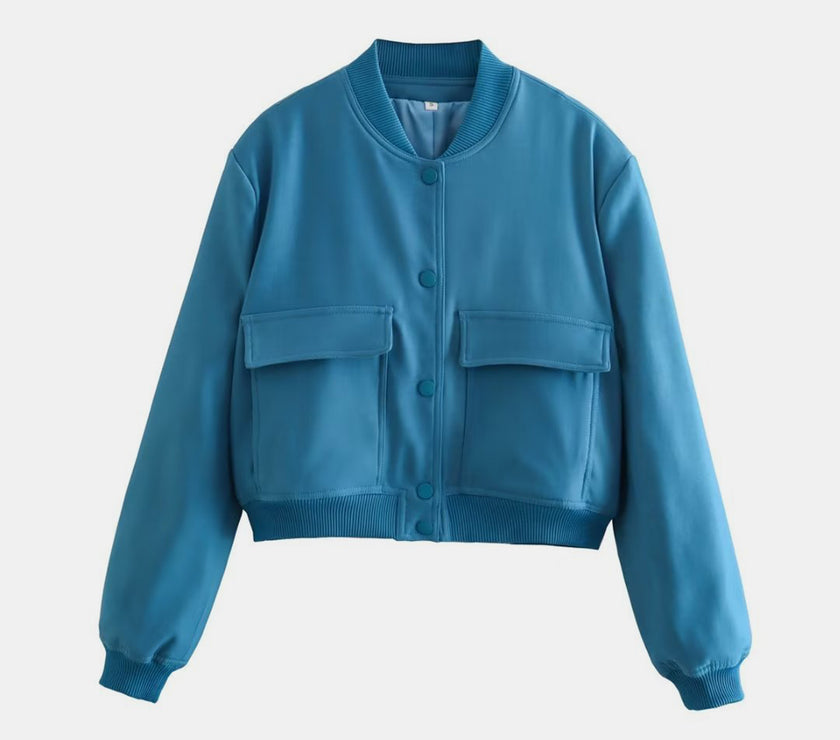 Pocketed Snap Down Baseball Collar Jacket