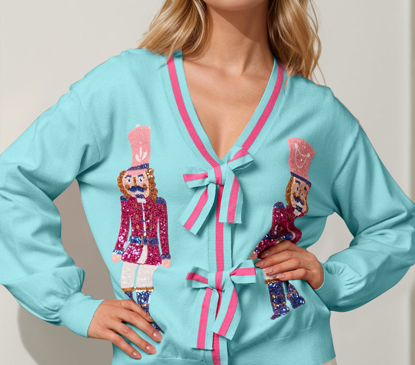 Double Take Full Size Nutcracker Sequin Bow Decor Cardigan