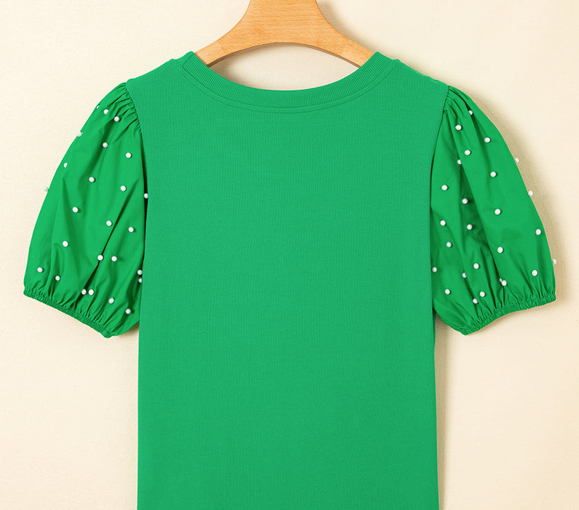 Bright Green Ribbed Pearl Beaded Puff Sleeve Top
