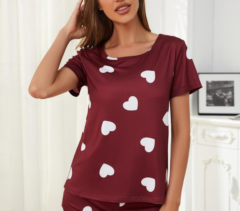 Heart Round Neck Top and Shorts Lounge Set