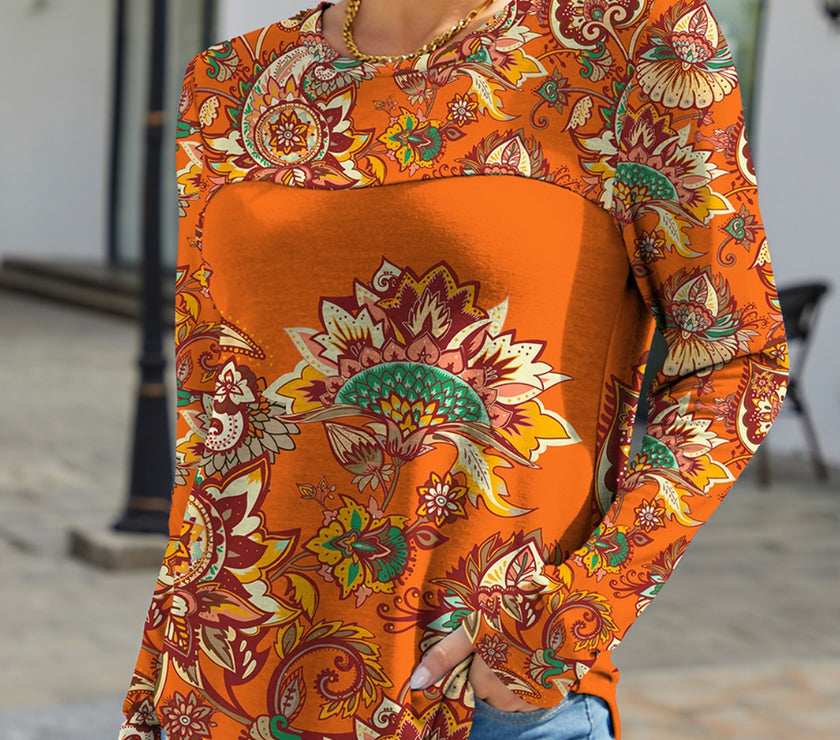 FAM-FAM Printed Round Neck Long Sleeve T-Shirt