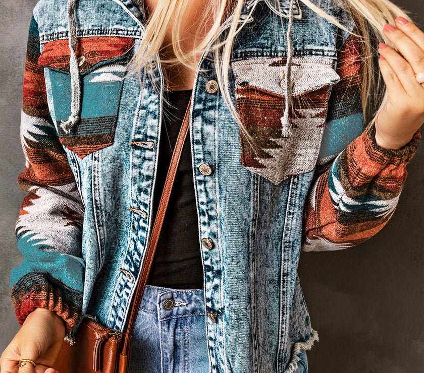 Multicolor Aztec Print Frayed Hem Denim Jacket