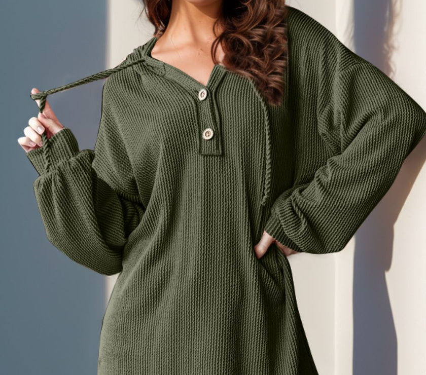 Double Take Full Size Half Button Long Sleeve Hoodie