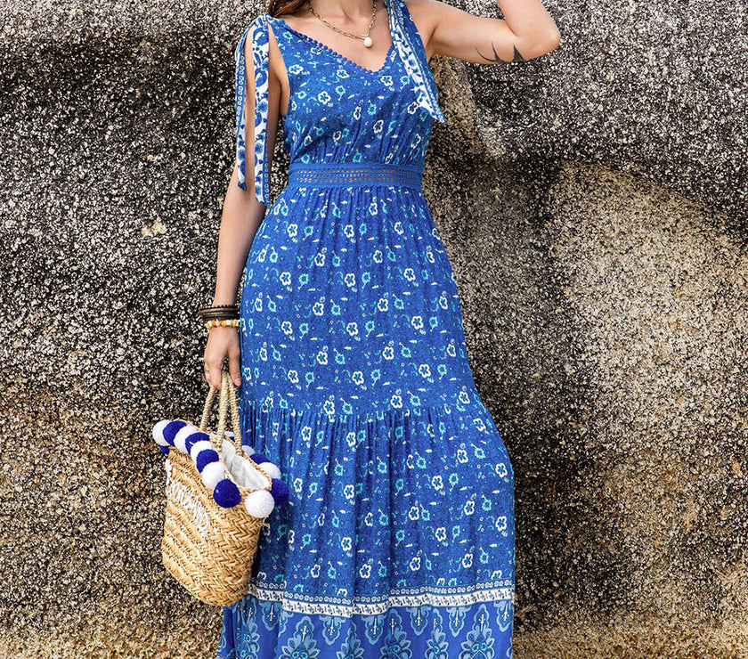 Printed V-Neck Tie Shoulder Dress