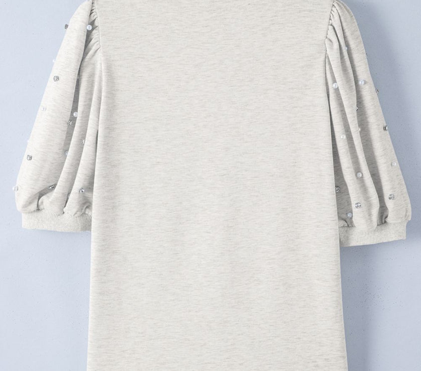 Rhinestone Pearl Detail Round Neck Puff Sleeve Top