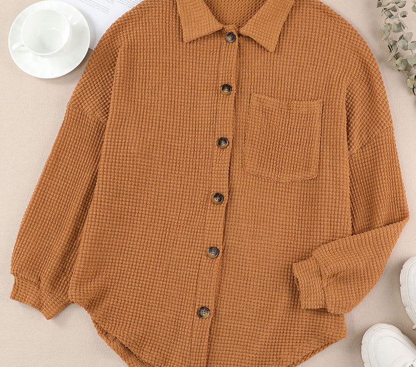 Waffle-Knit Collared Neck Long Sleeve Shirt