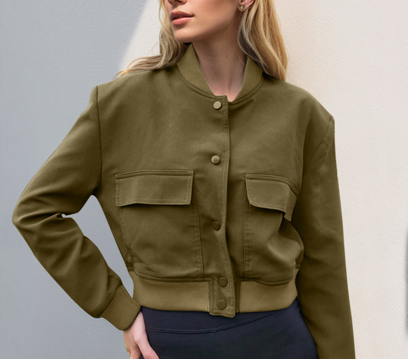 Pocketed Snap Down Baseball Collar Jacket