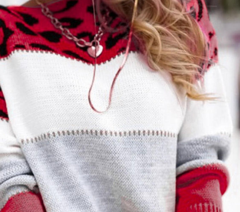 Leopard Color Block Round Neck Long Sleeve Sweater