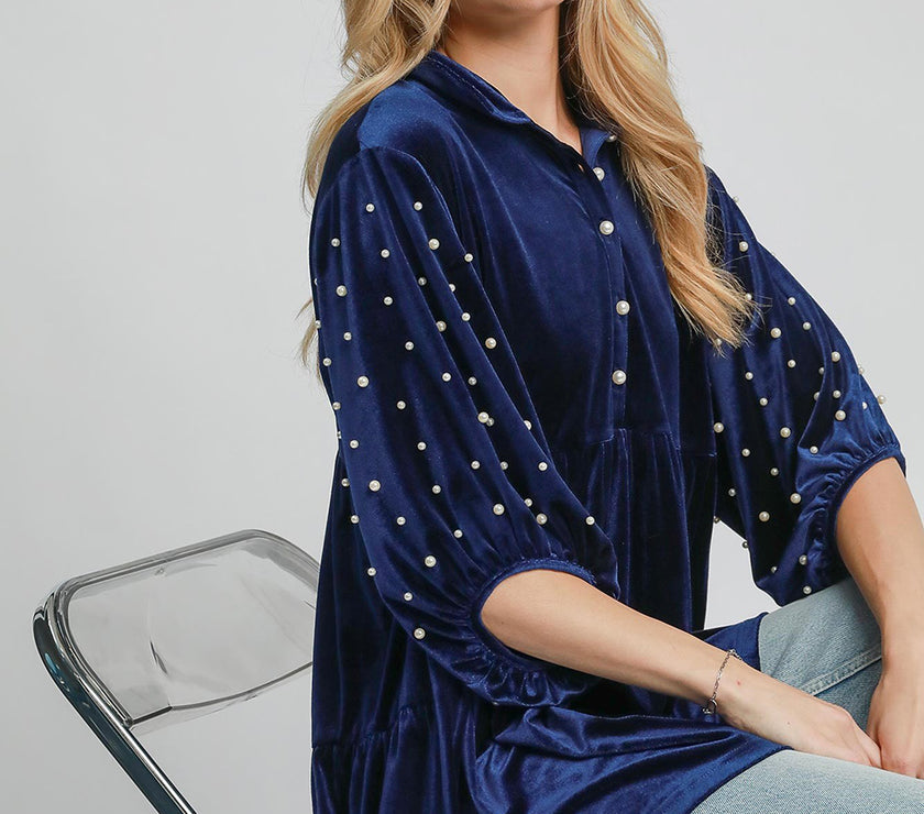 Umgee Pearl Detail Collared Neck Velvet Babydoll Blouse