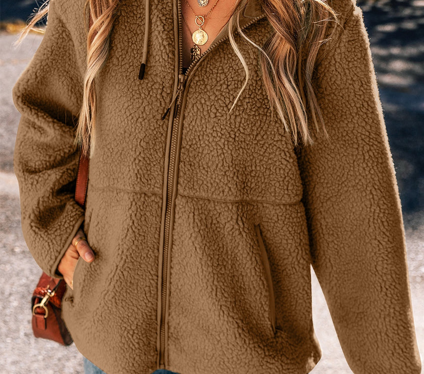 Drawstring Fleece Zip Up Hooded Jacket