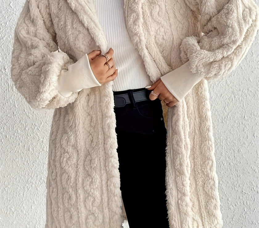 Open Front Long Sleeve Fuzzy Hooded Jacket