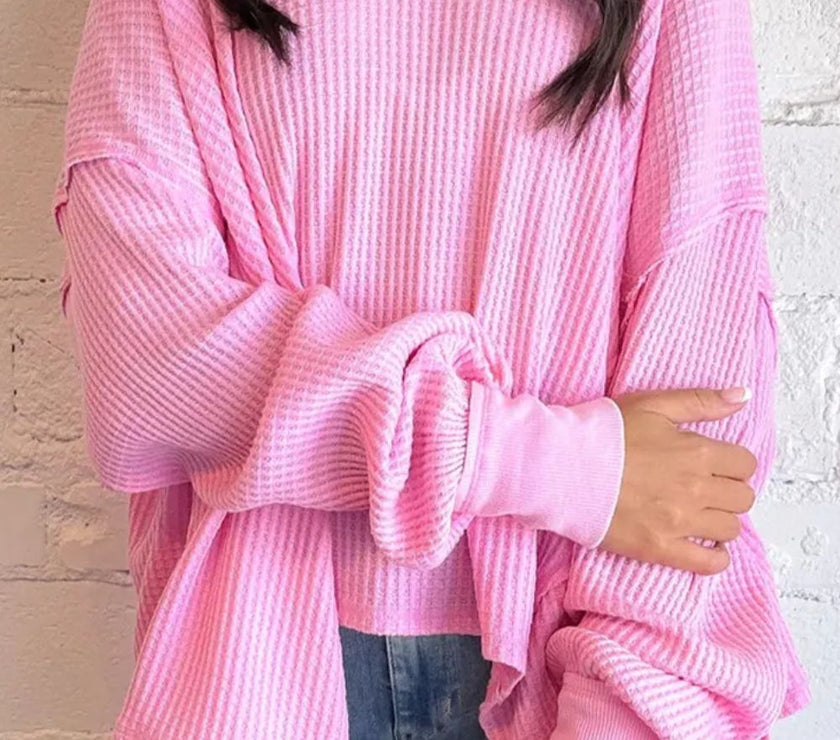Waffle-Knit V-Neck Long Sleeve Blouse