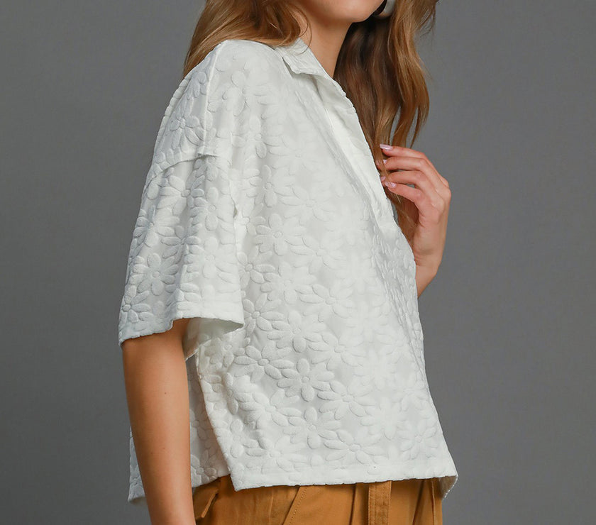 Umgee Floral Johnny Collar Half Sleeve Jacquard Top