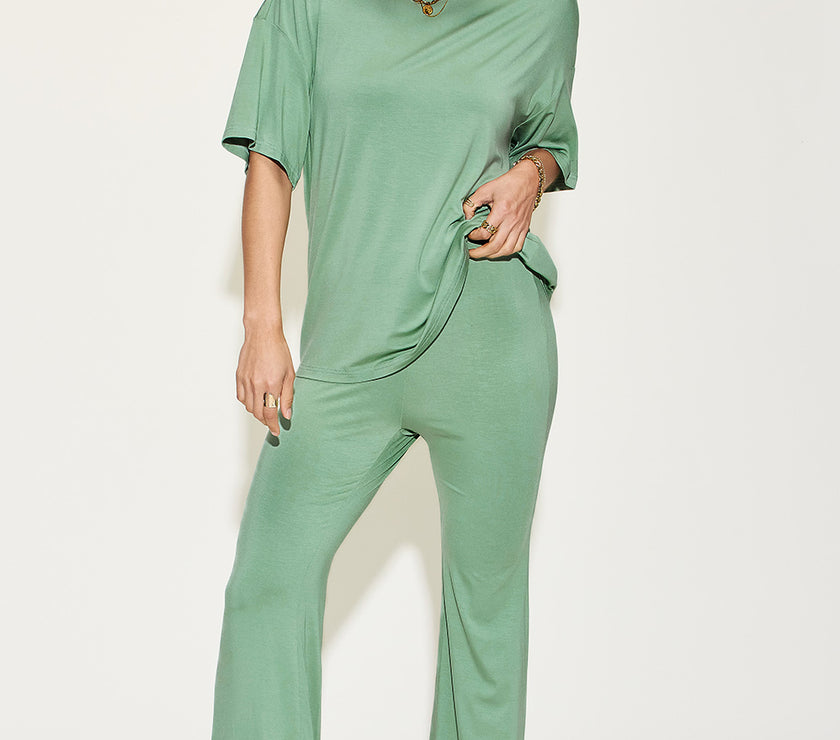 Basic Bae Full Size Bamboo Drop Shoulder T-Shirt and Flare Pants Set