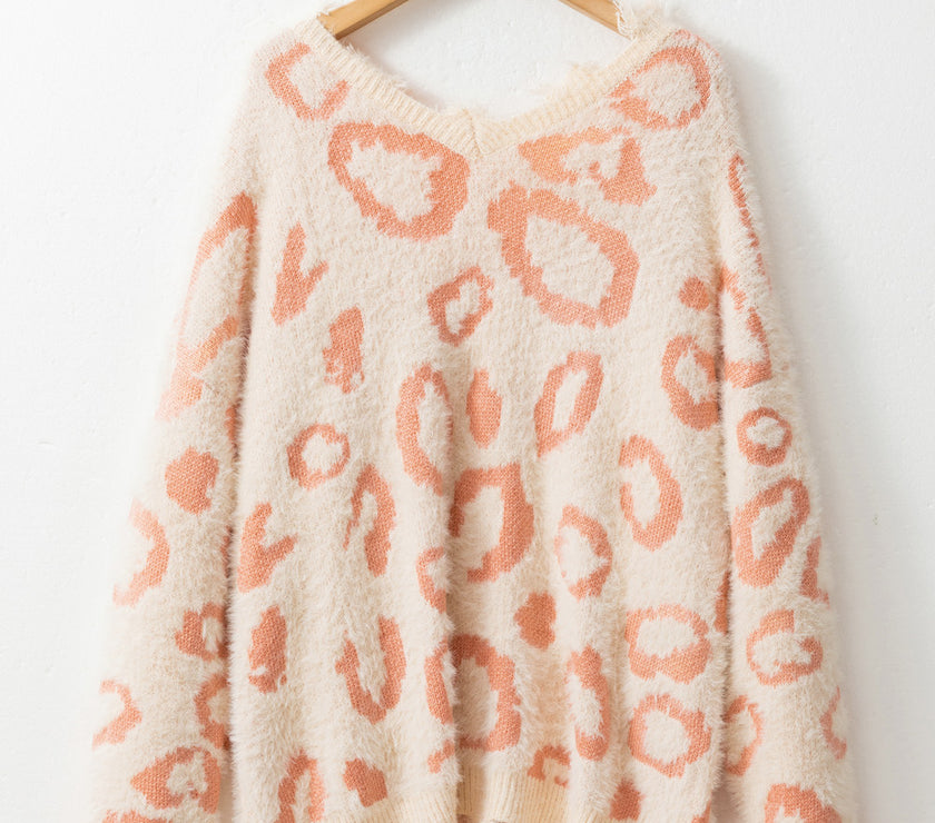 Distressed Trim Leopard V-Neck Sweater