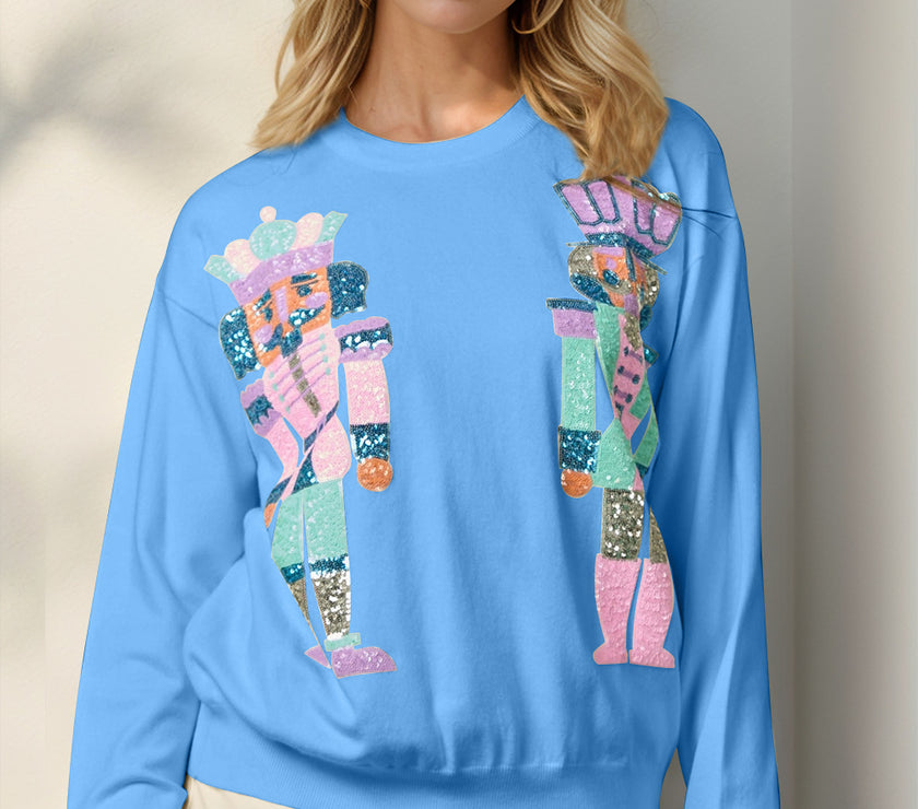 Double Take Full Size Sequin Nutcracker Long Sleeve Sweater