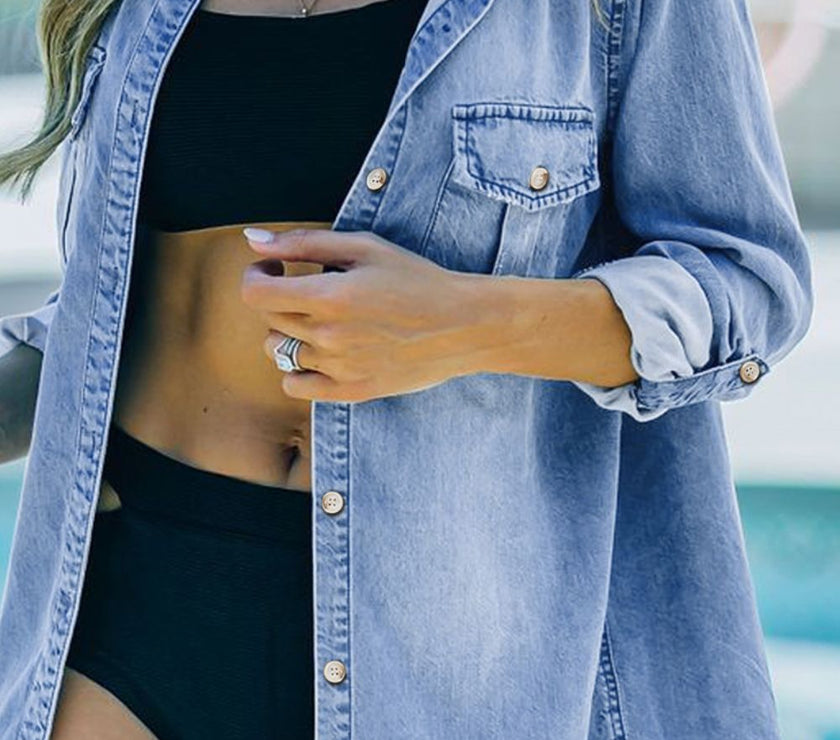 Pocketed Collared Neck Long Sleeve Denim Top