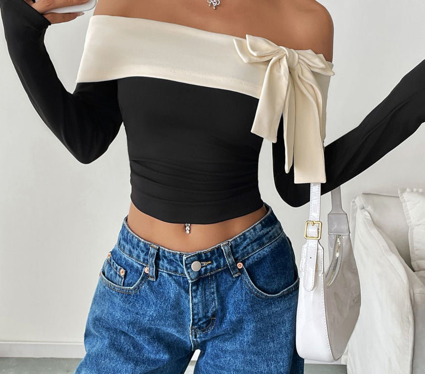 Perfee Bow Contrast Off-Shoulder Long Sleeve Top
