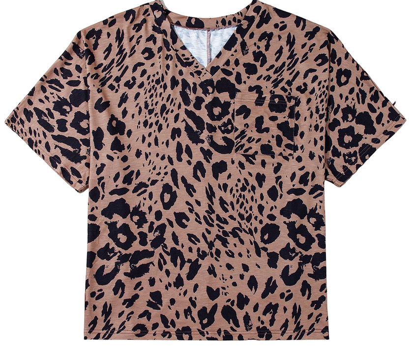 Brown Leopard Print V Neck Half Sleeve Oversized Tee