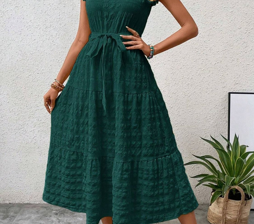 Tied Ruffled Cap Sleeve Midi Dress