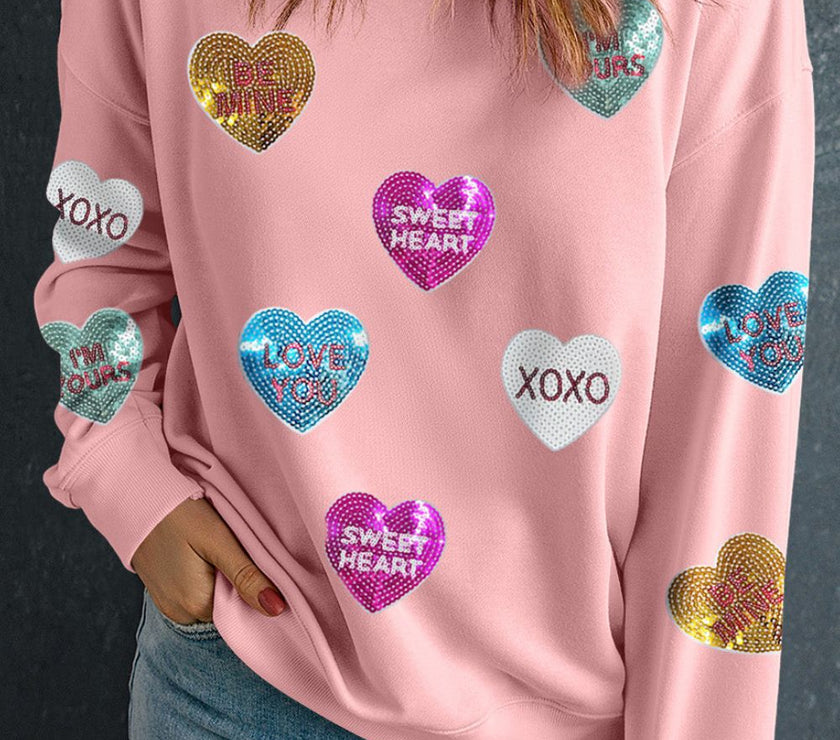 Valentine’s Day Sequin Heart Round Neck Long Sleeve Sweatshirt