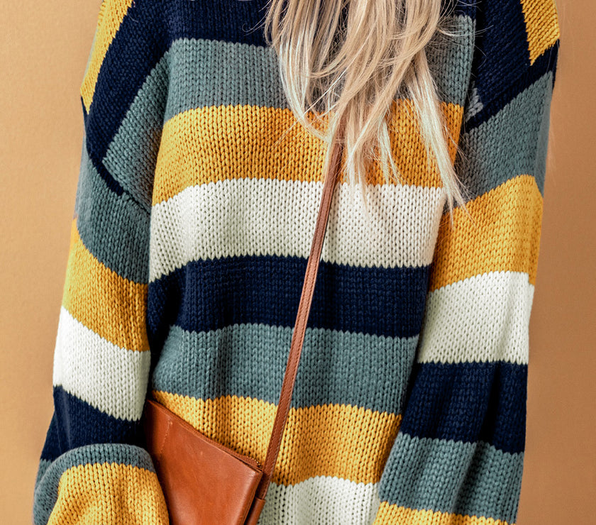 Color Block Round Neck Dropped Shoulder Sweater