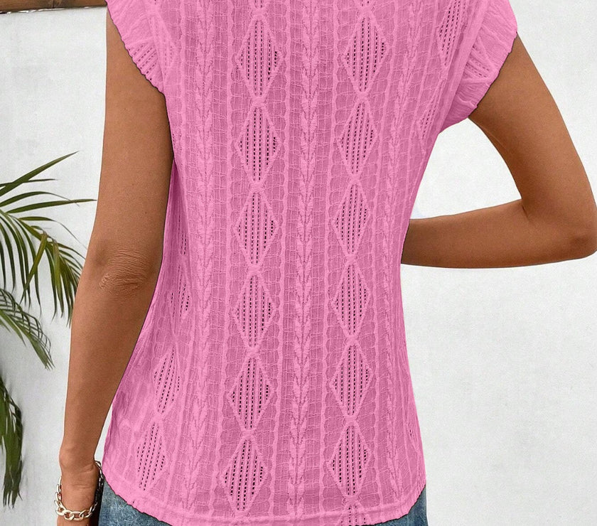 Openwork Round Neck Cap Sleeve Top