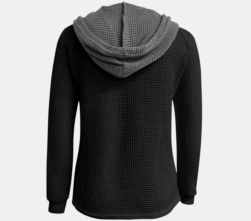 Full Size Waffle-Knit Contrast Long Sleeve Hoodie