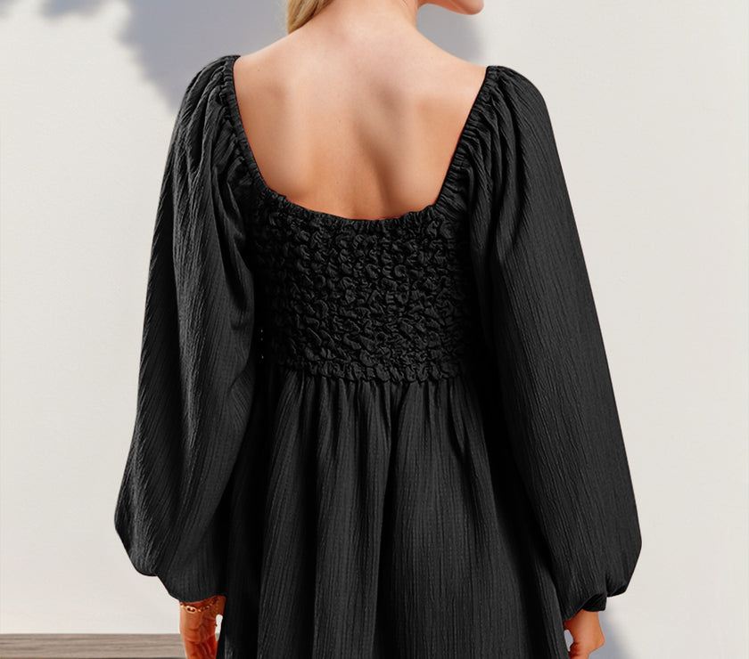 Double Take Texture Smocked Balloon Sleeve Mini Dress